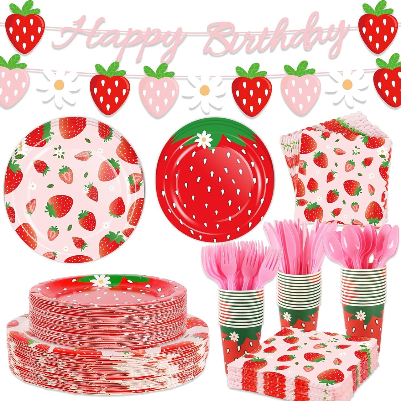 177Pcs Strawberry Birthday Party Plates Napkins Banners Supplies Summer Fruit Disposable Tableware Set for Girls Berry First Sweet One 1st Baby Shower Strawberry Theme Decorations, Serves 25